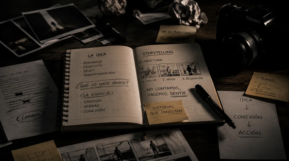 Cuaderno abierto con la estructura de una historia —personaje, conflicto, deseo, transformación— junto a un storyboard, una cámara y notas que dicen «no es publicidad, es una historia».